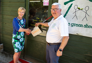 Mayor of Sherborne, Jill Warburton, and Antony Chambers, chairman of The Green Shed Sherborne